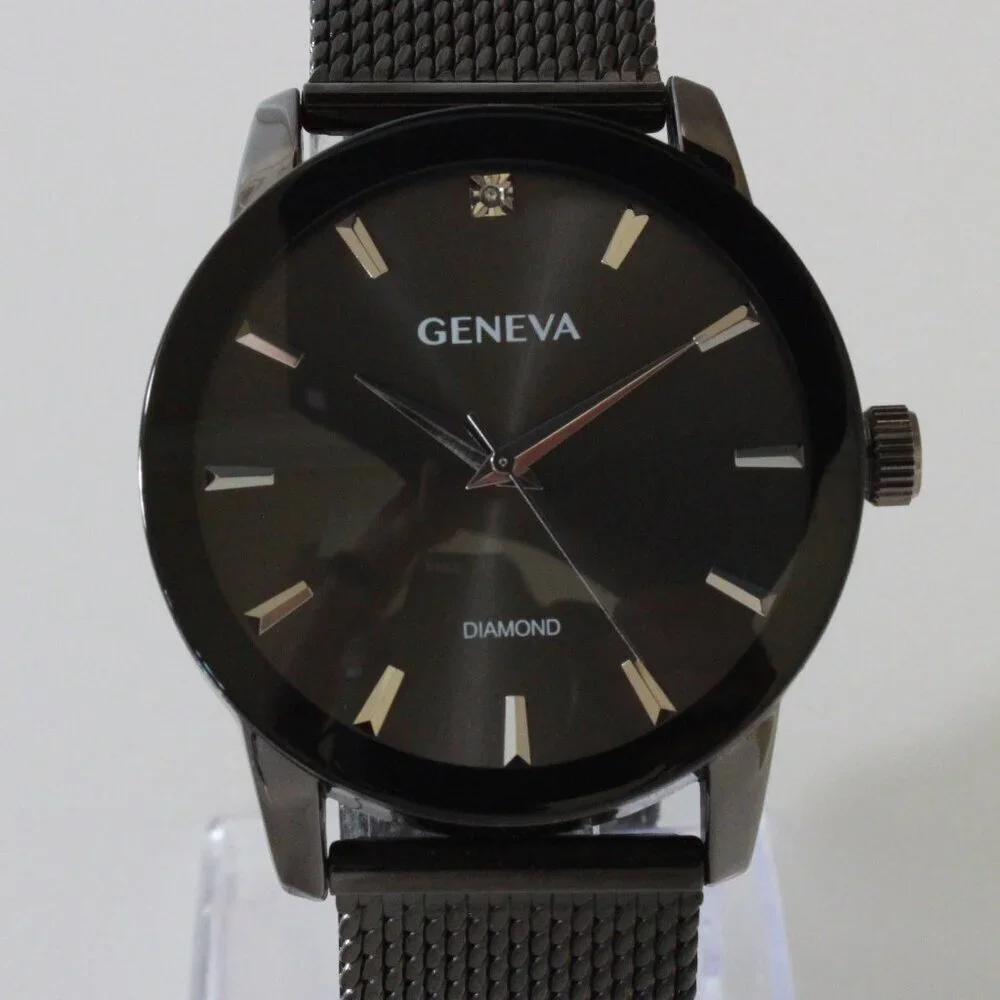 Geneva Men's Dress Watch Gun Metal Finish Diamond At 12 Milanese Bracelet 42mm